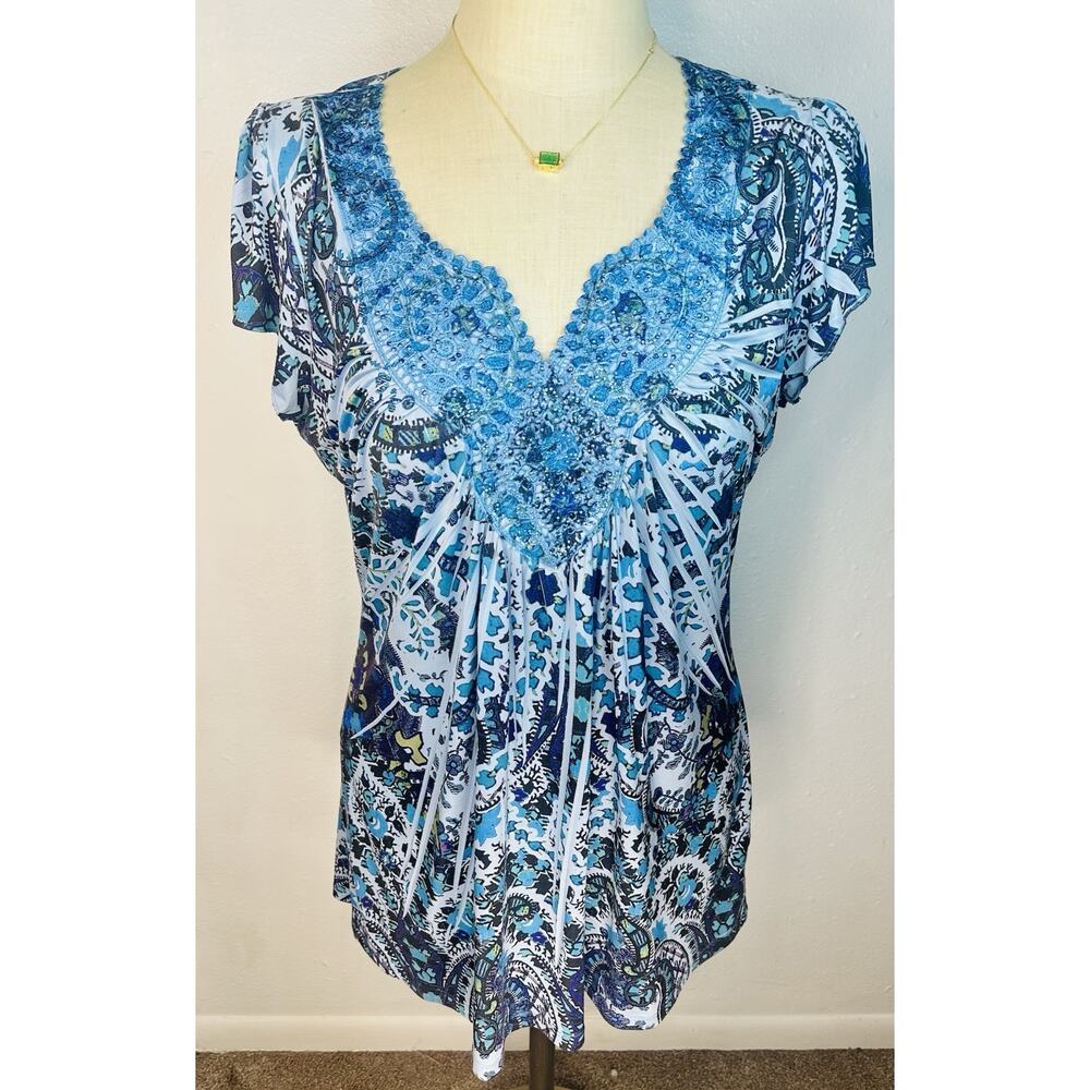 Boho Y2K Rock Blue Beaded Short Sleeve Blouse Large One World No Tag Summer - Picture 2 of 7